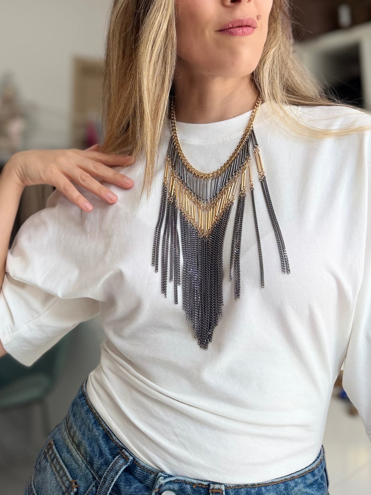 COLLANA GIROCOLLO CON FRANGE MIX ORO/ARG NALI