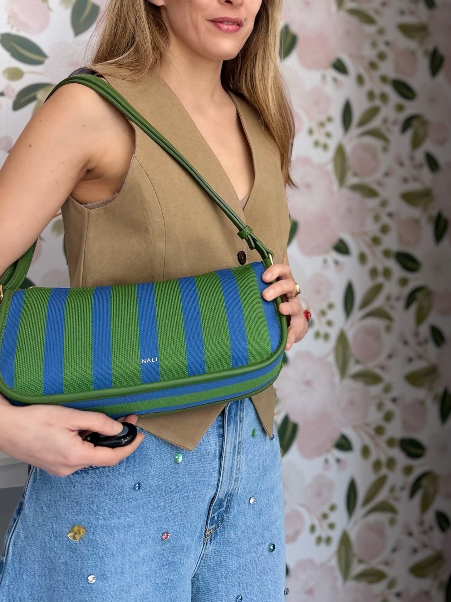 BORSA TEXAS A SPALLA RIGHE BLU/VERDE NALI - Fanatica Boutique