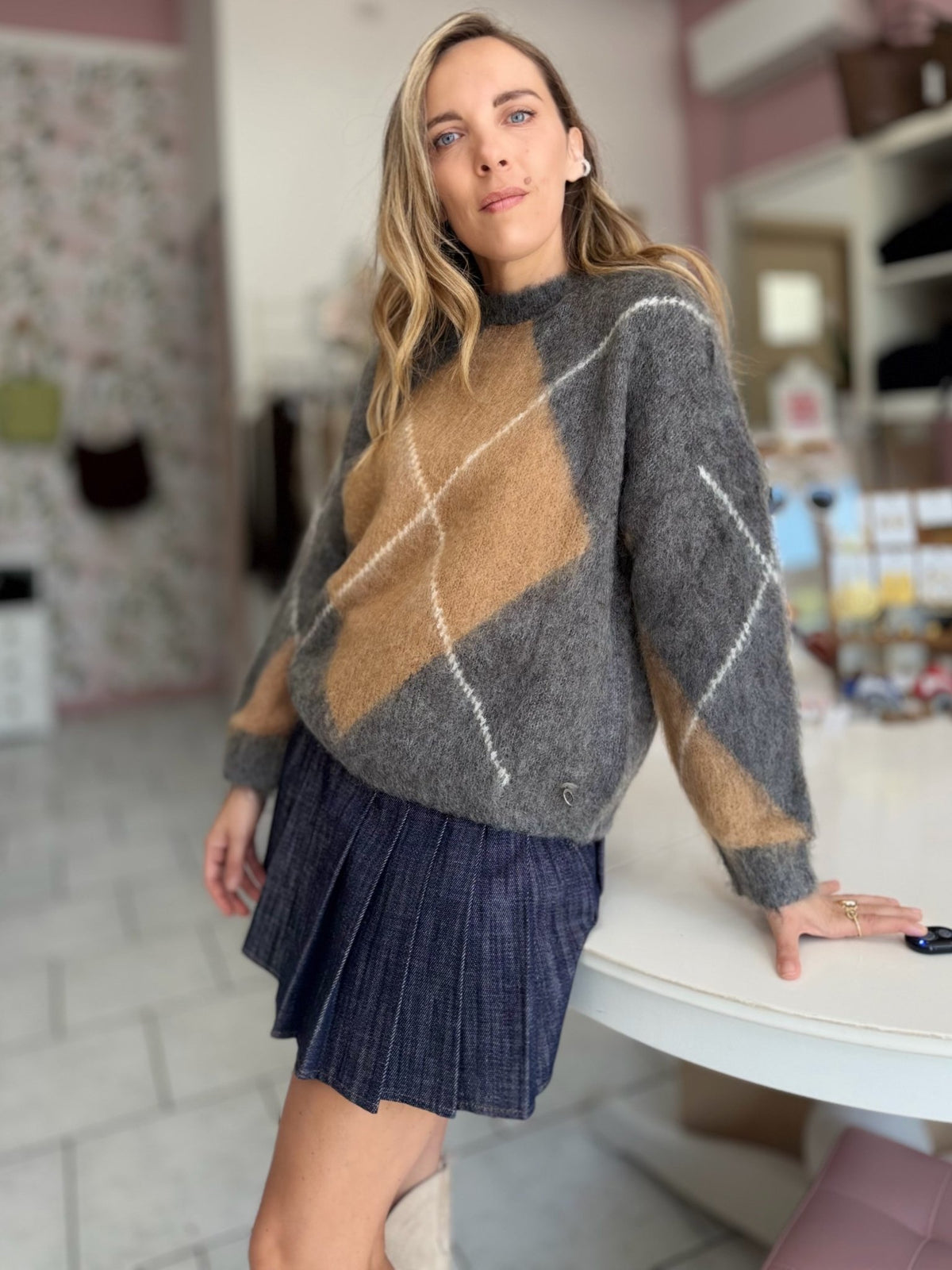 MAGLIA INTARSIO GREY A ROMBI ECO - Fanatica Boutique
