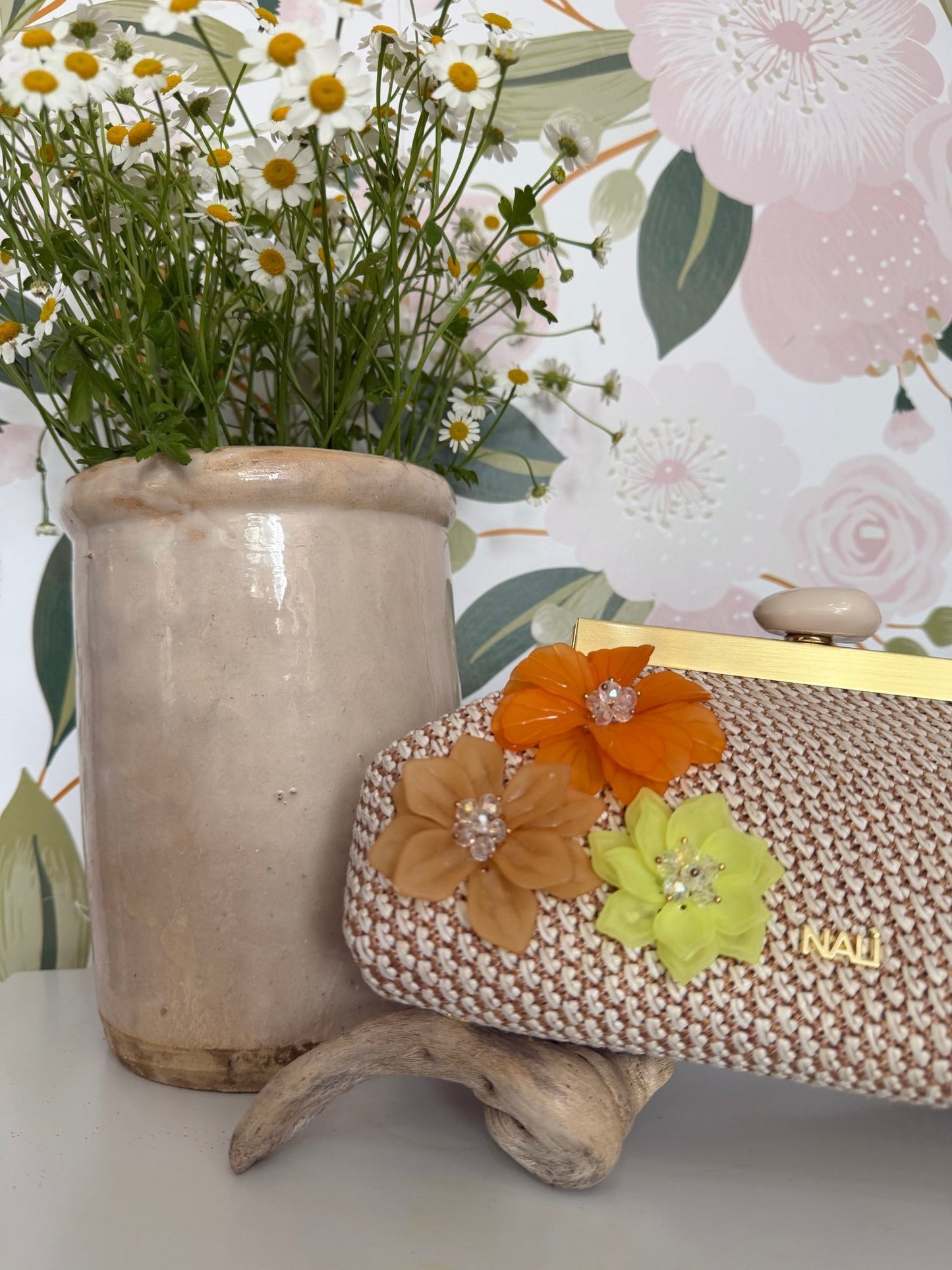 POCHETTE MALAGA IN PAGLIA CON FIORI BEIGE NALI - Fanatica Boutique