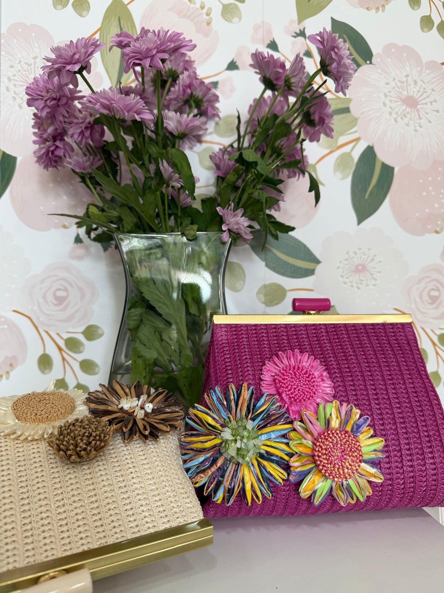 POCHETTE MARBELLA IN PAGLIA+ FIORI FUCSIA NALI - Fanatica Boutique