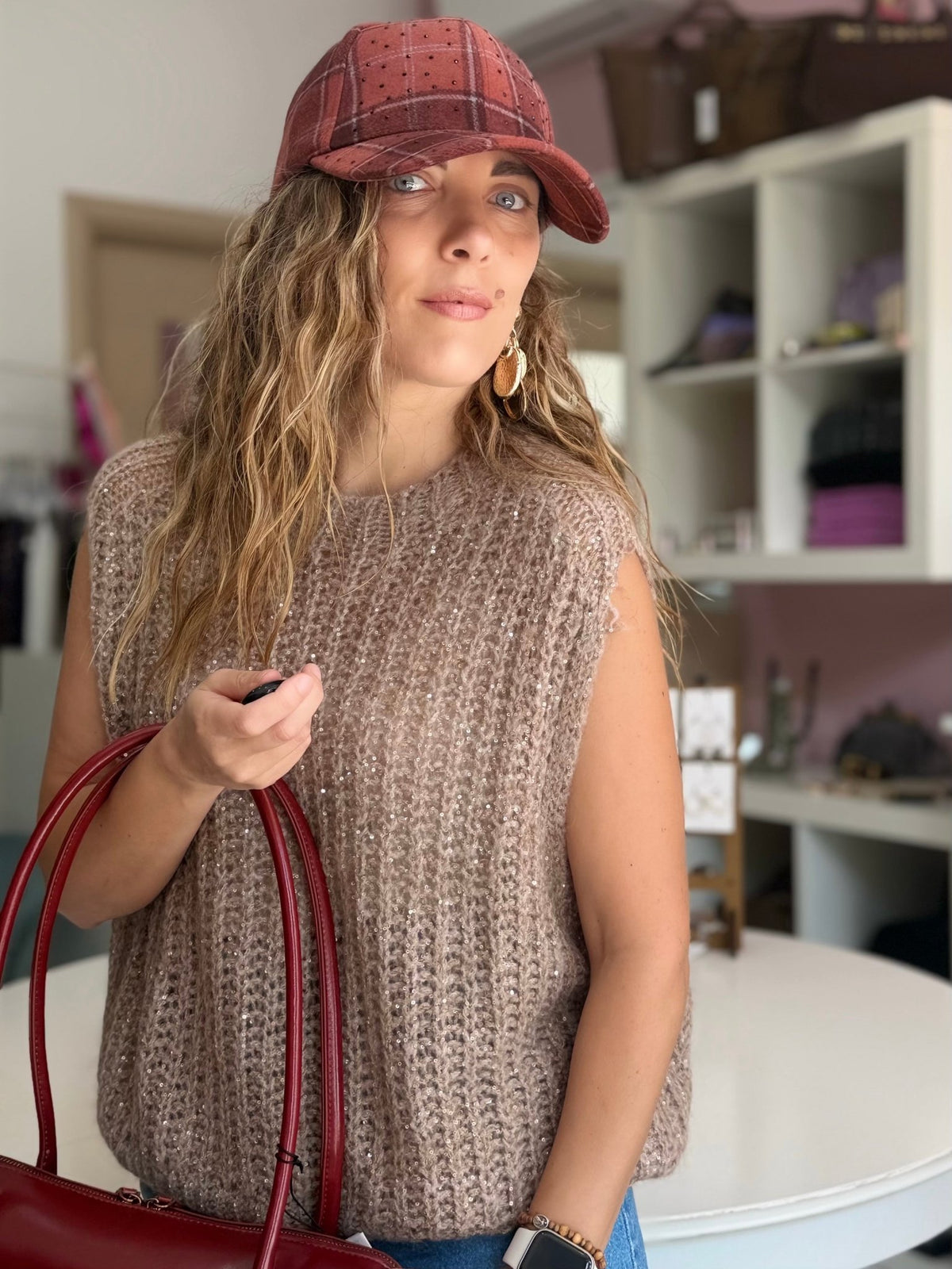 BERRETTO CINDY A QUADRI MATTONE NALI - Fanatica Boutique