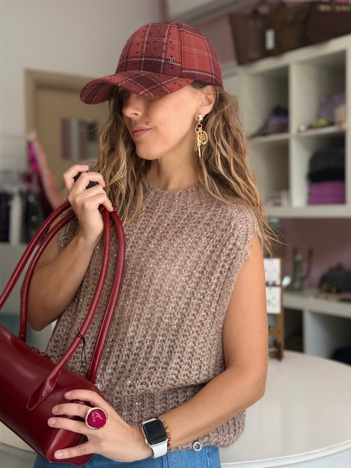 BERRETTO CINDY A QUADRI MATTONE NALI - Fanatica Boutique