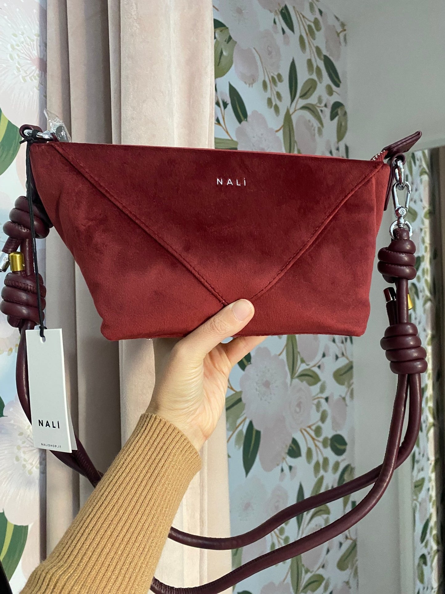 BORSA KAREN MEDIUM VELLUTO BORDEAUX NALI - Fanatica Boutique