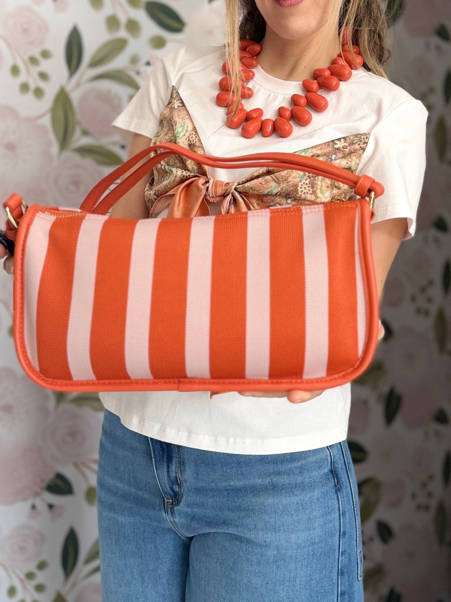 BORSA TEXAS A SPALLA RIGHE ROSA/ARANCIO NALI - Fanatica Boutique