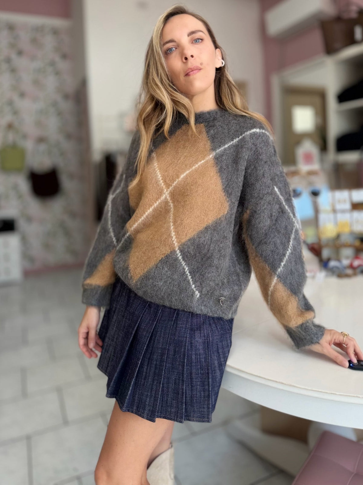 MAGLIA INTARSIO GREY A ROMBI ECO - Fanatica Boutique