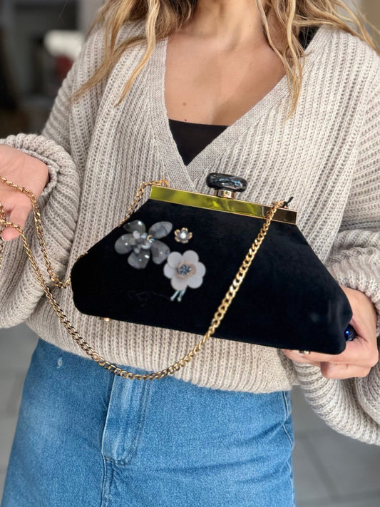 POCHETTE MALAGA A MANO CON FIORI NERO NALI - Fanatica Boutique