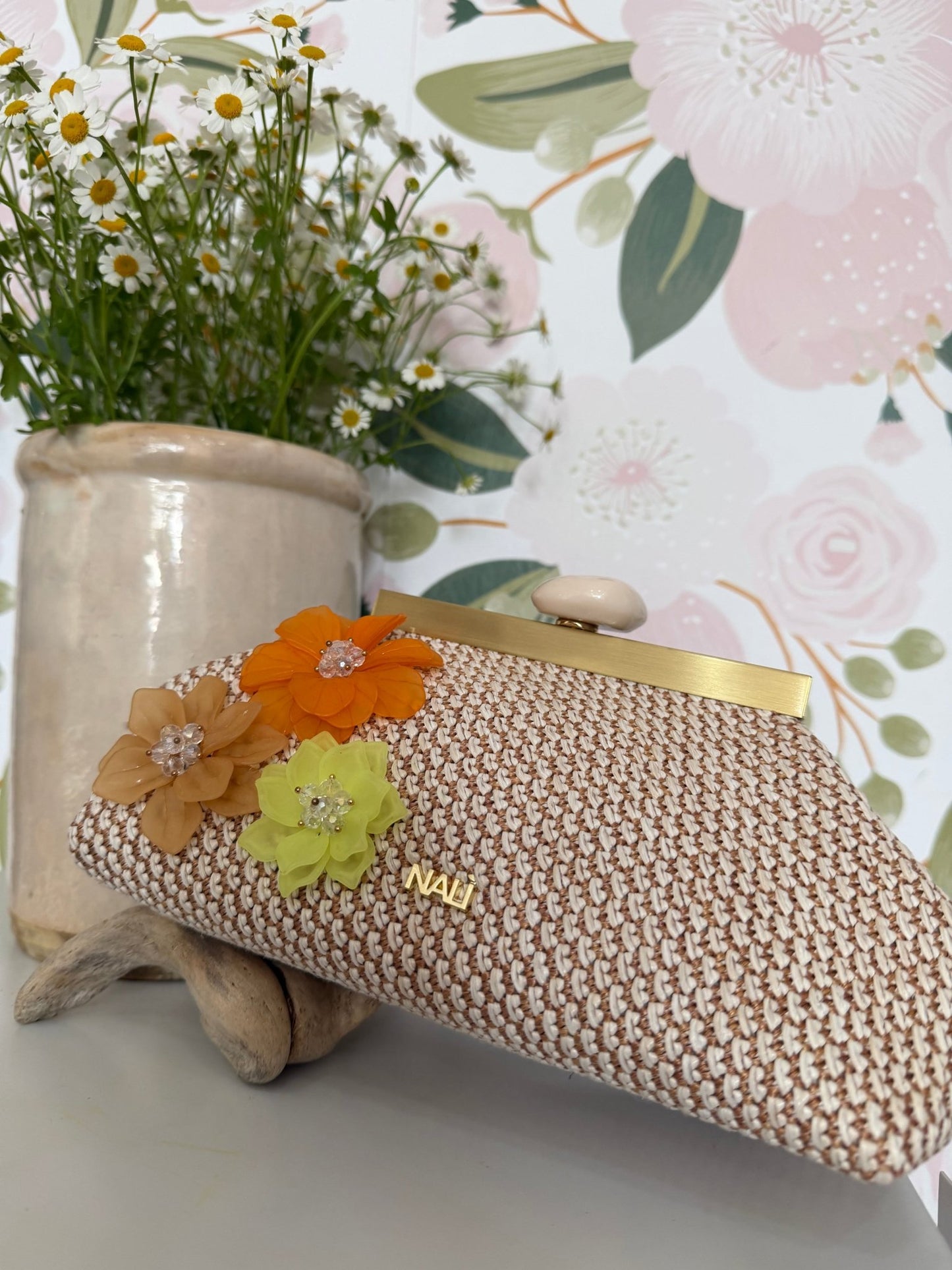 POCHETTE MALAGA IN PAGLIA CON FIORI BEIGE NALI - Fanatica Boutique