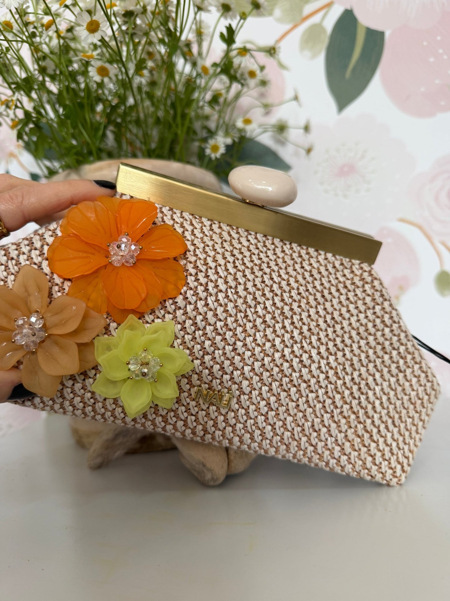 POCHETTE MALAGA IN PAGLIA CON FIORI BEIGE NALI - Fanatica Boutique