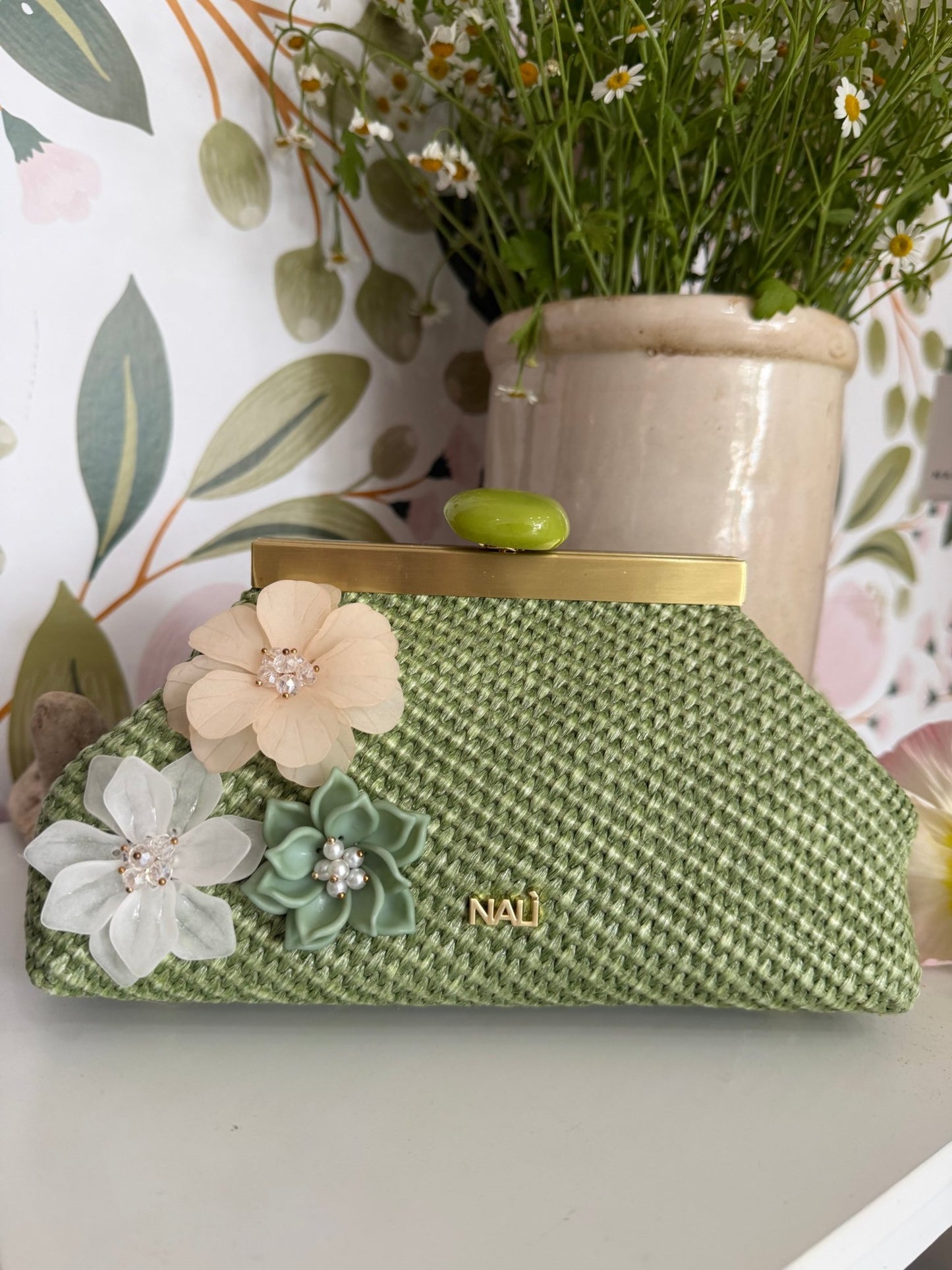 POCHETTE MALAGA IN PAGLIA CON FIORI VERDE NALI - Fanatica Boutique