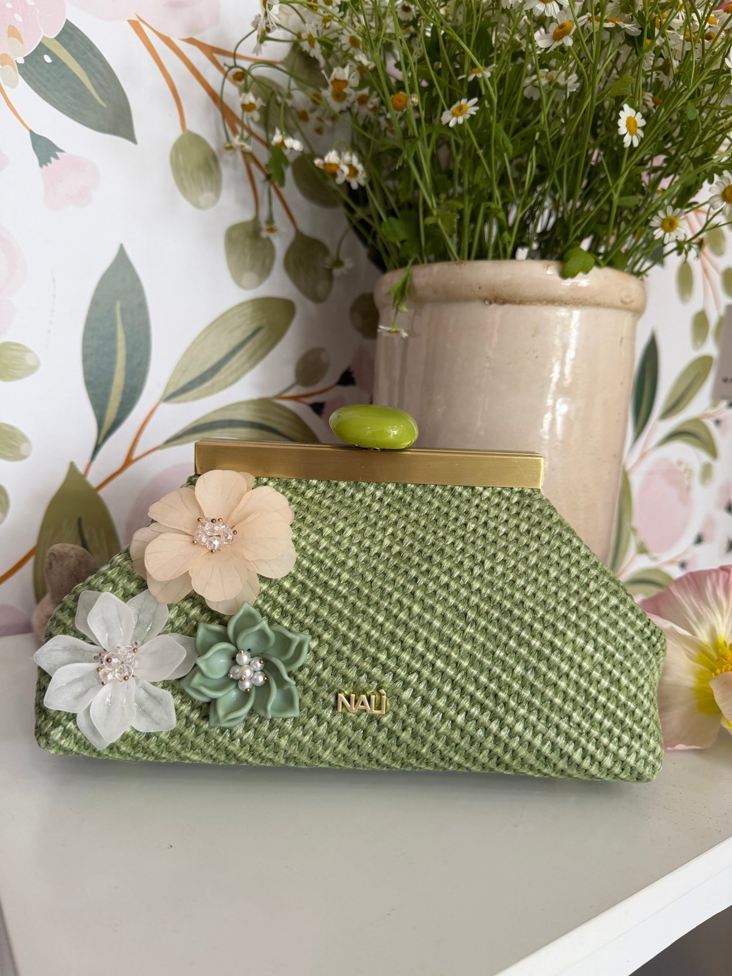 POCHETTE MALAGA IN PAGLIA CON FIORI VERDE NALI - Fanatica Boutique