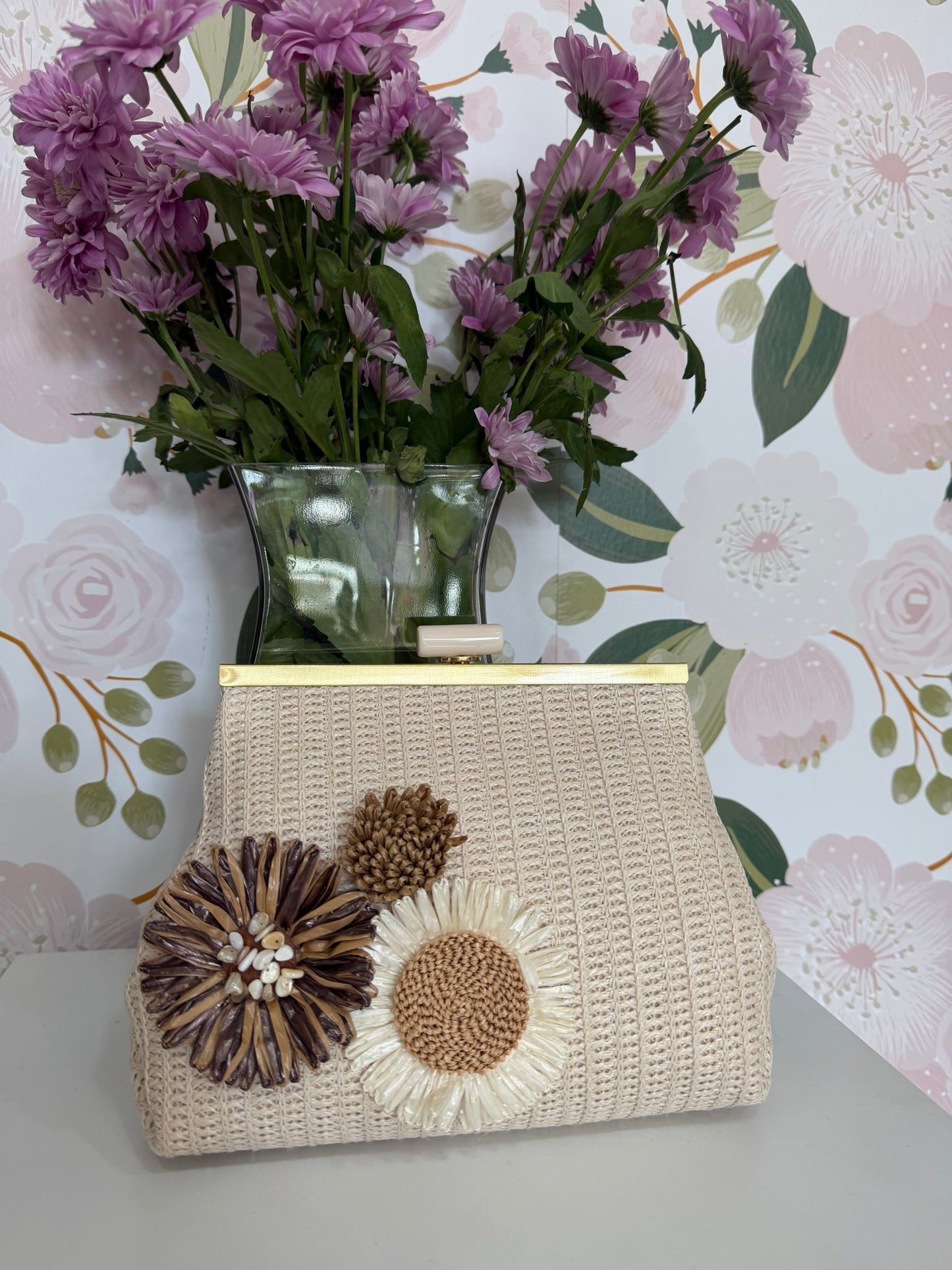 POCHETTE MARBELLA IN PAGLIA+ FIORI BEIGE NALI - Fanatica Boutique