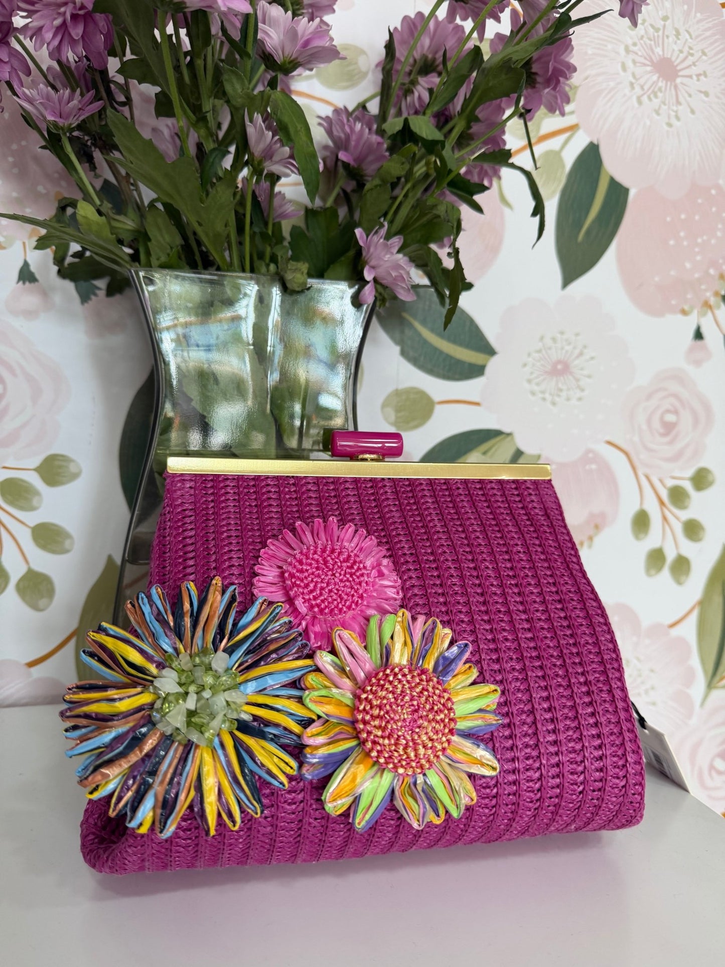 POCHETTE MARBELLA IN PAGLIA+ FIORI FUCSIA NALI - Fanatica Boutique