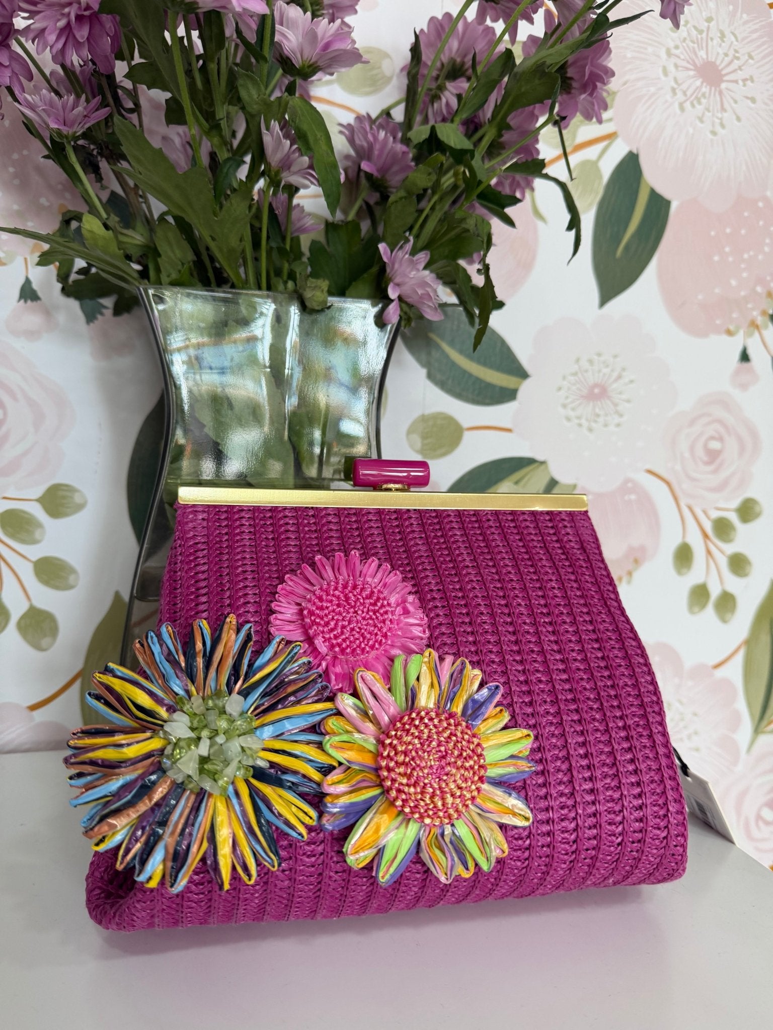 POCHETTE MARBELLA IN PAGLIA+ FIORI FUCSIA NALI - Fanatica Boutique