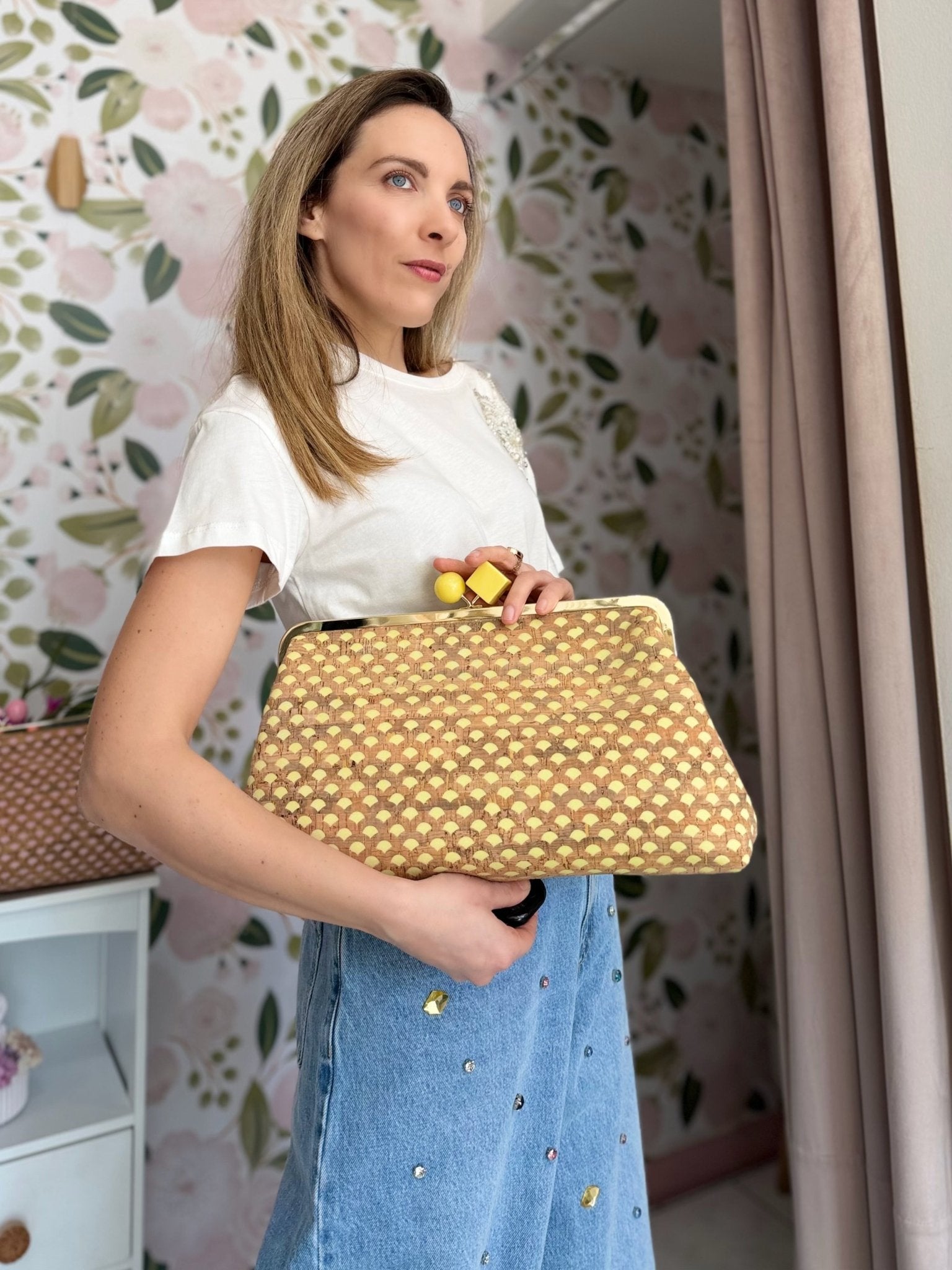 POCHETTE NADIA SUGHERO STAMPATA GIALLO NALI - Fanatica Boutique